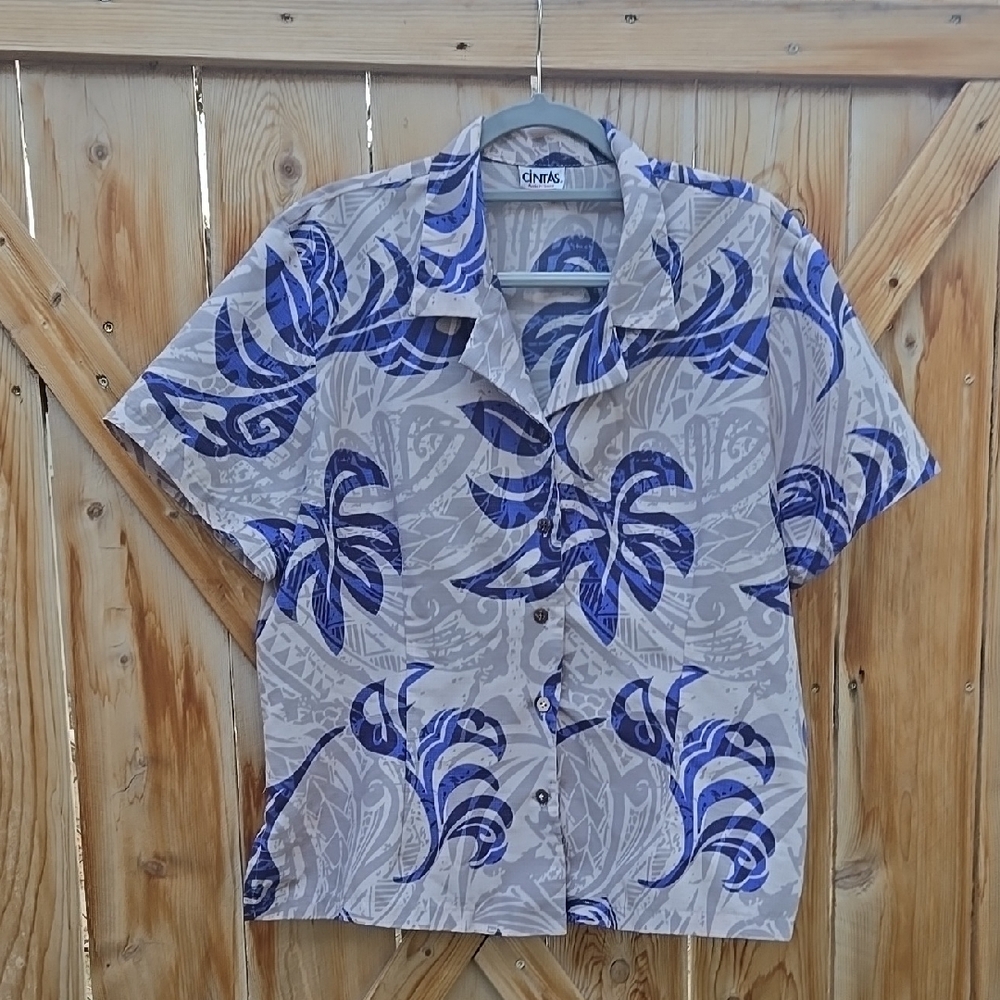 Made in Hawaii; blue, grey, Tiki Bar tropical print Aloha Shirt